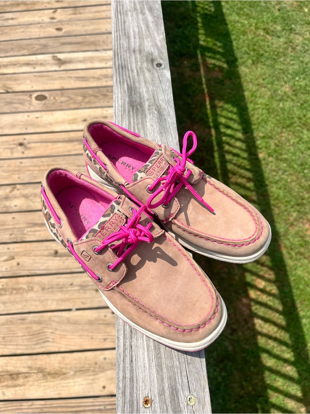 Sperry Tan Moccasin Boat Shoes with Hot Pink Accents - Kids